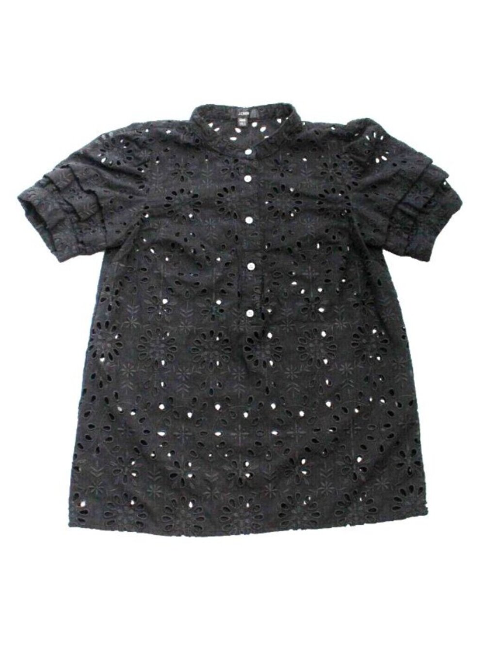 J. Crew Floral Eyelet Top Size XXS Black Puff Sleeve Whimsigoth Ruffle Peasant